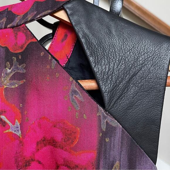 Nanette Lepore Dress Size 2 | Rose Print, Leather Trim, Fit & Flare, Made in USA - Picture 5 of 7